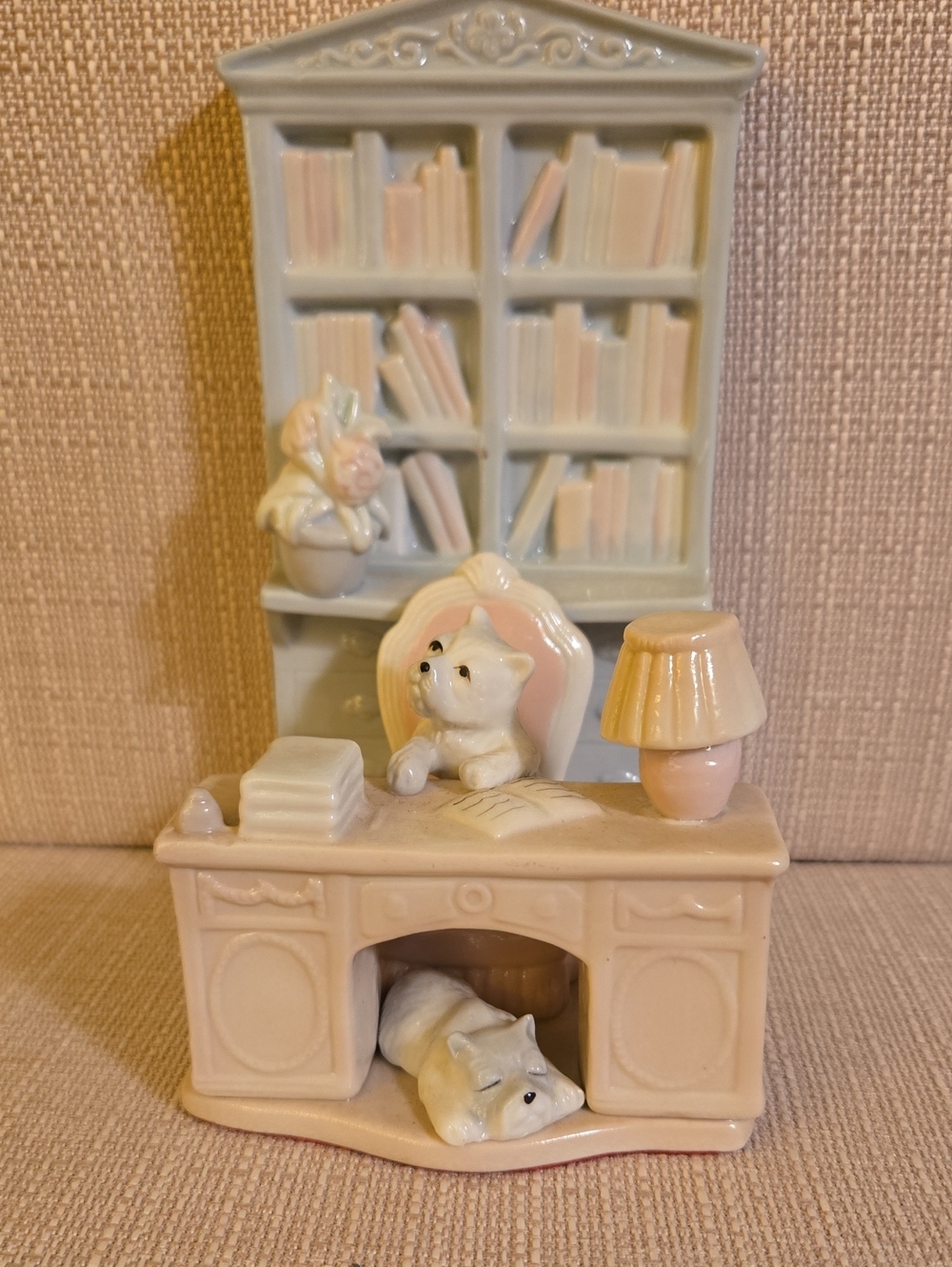 Porcelain Dog Desk Figurine in Pastel Cream and Pink